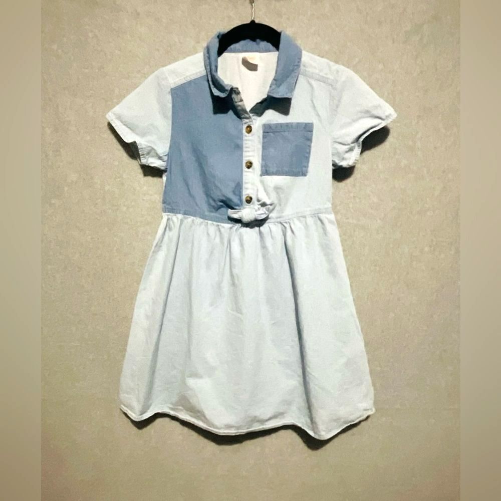 Wonder Nation Girls Size M 7-8 Blue Chambray Colorblock Dress Short Sleeve Knot